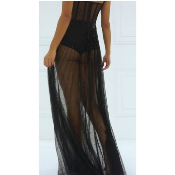 Kikiriki Sheer Pleated Flowy Embellished Whimsigoth Goth Dress In Black XS - Picture 3 of 8